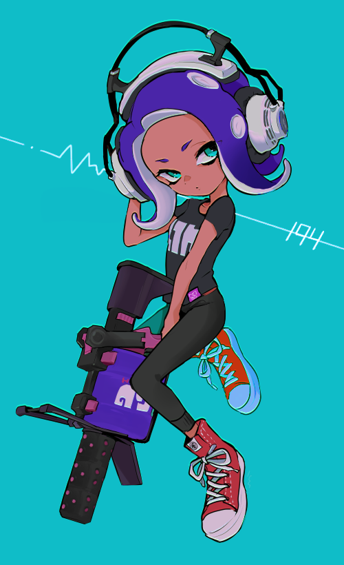 .96_gal_(splatoon) 1girl arm_behind_head black_pants black_shirt blue_background blue_eyes breasts closed_mouth commentary dark-skinned_female dark_skin full_body headphones holding holding_weapon imaikuy0 medium_hair nintendo octoling octoling_girl octoling_player_character pants parted_bangs purple_hair red_shoes shirt shoes short_sleeves small_breasts sneakers solo splatoon_(series) symbol-only_commentary t-shirt tentacle_hair weapon