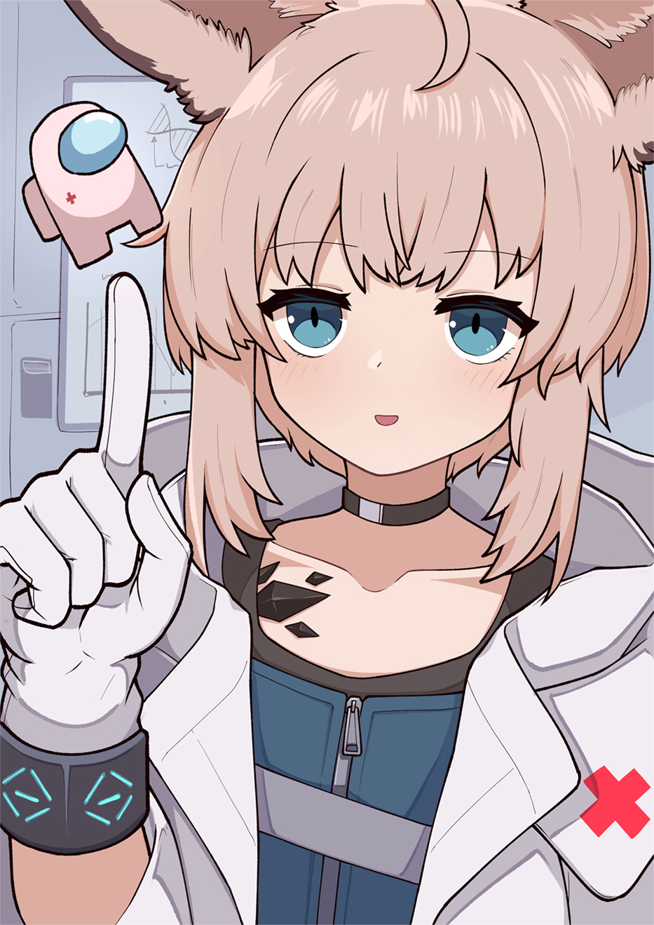 1girl ahoge among_us animal_ears arknights blush chalkboard choker coat collarbone crewmate_(among_us) english_text gloves green_eyes highres hood hooded_coat index_finger_raised jacy light_brown_hair looking_at_viewer material_growth open_mouth oripathy_lesion_(arknights) short_hair smile solo sussurro_(arknights) upper_body white_coat white_gloves