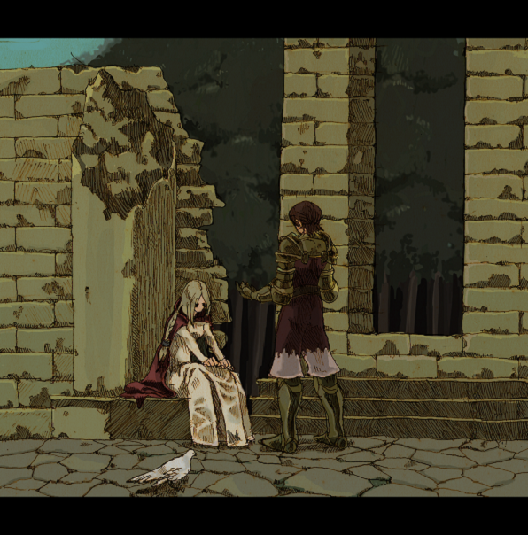 1boy 1girl animal armor bad_id bad_pixiv_id bird blonde_hair breasts brown_hair building cape degite delita_heiral dress final_fantasy final_fantasy_tactics forest gauntlets gloves knight long_hair looking_down nature outdoors ovelia_atkascha pigeon pillar plant ruins shoulder_pads sitting stairs tree