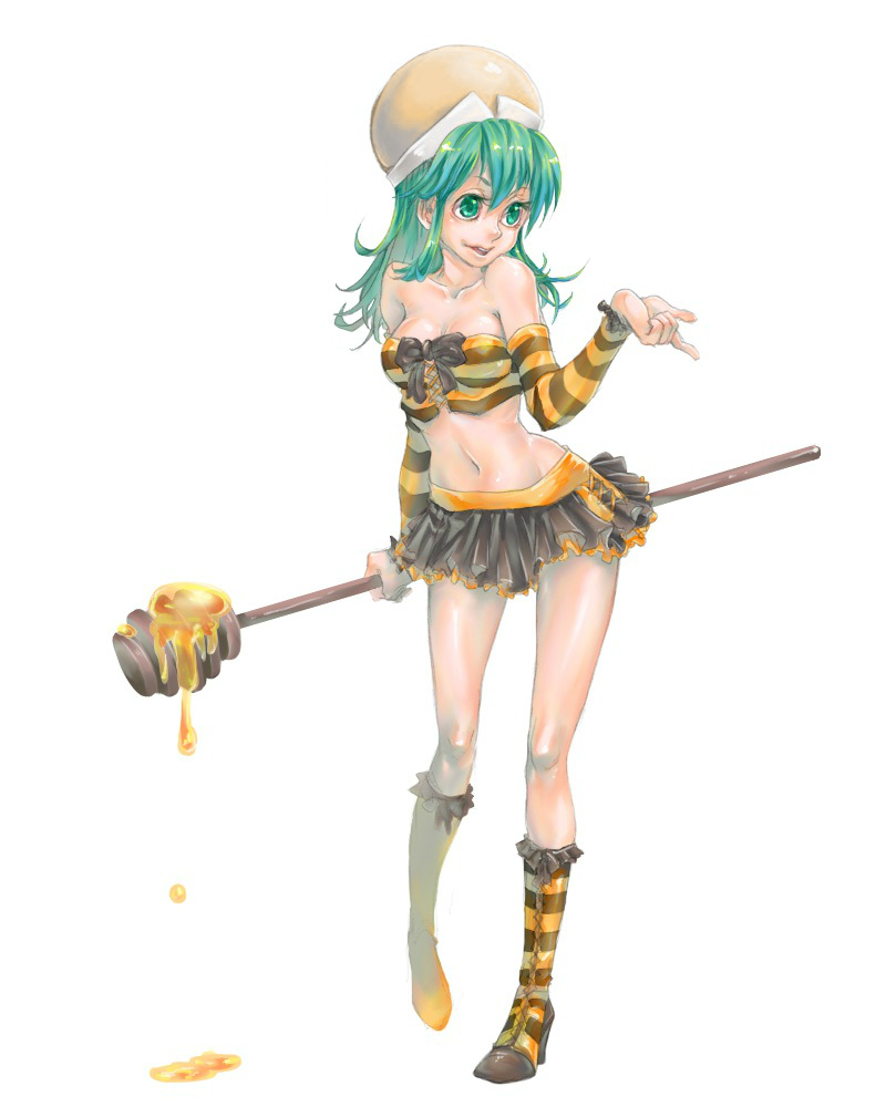 1girl breasts cleavage detached_sleeves female_focus green_eyes green_hair hat honey hunter_x_hunter long_hair matching_hair/eyes ponzu solo staff