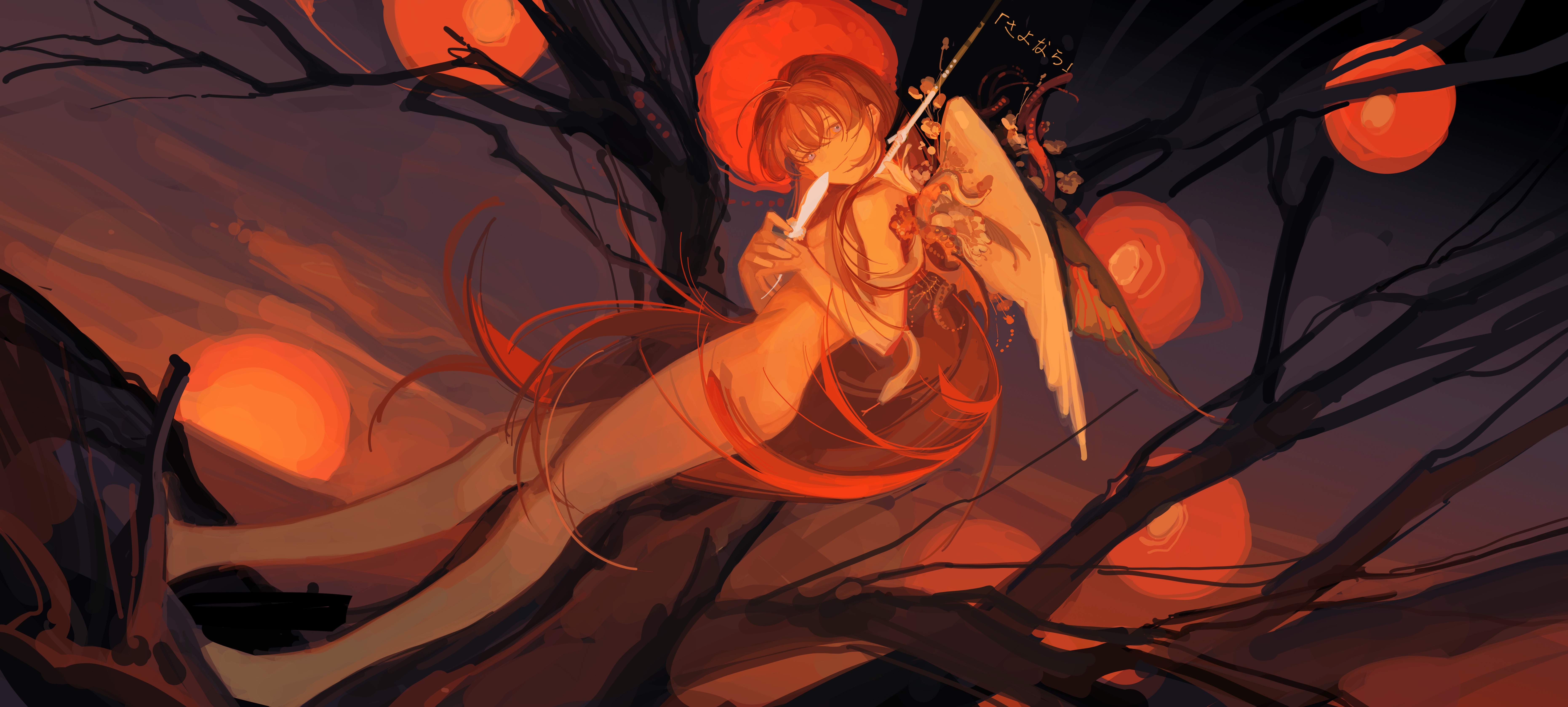 1girl absurdres angel_wings bare_tree breasts chinese_commentary commentary_request completely_nude feathers floating_hair flower from_side hanged head_down highres holding holding_feather long_hair looking_at_viewer looking_to_the_side multiple_wings noose nude orange_hair plant_wings sayonara_wo_oshiete sin_node single_feather small_breasts smile snake solo sugamo_mutsuki tentacles translation_request tree very_long_hair wings
