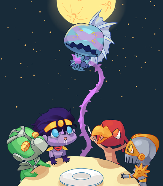 chibi dark_blue_moon plate full_moon hermit_purple hierophant_green jojo_no_kimyou_na_bouken magician&#039;s_red moon no_humans plant pydiyudie saliva silver_chariot stand_(jojo) star_platinum thorns vines