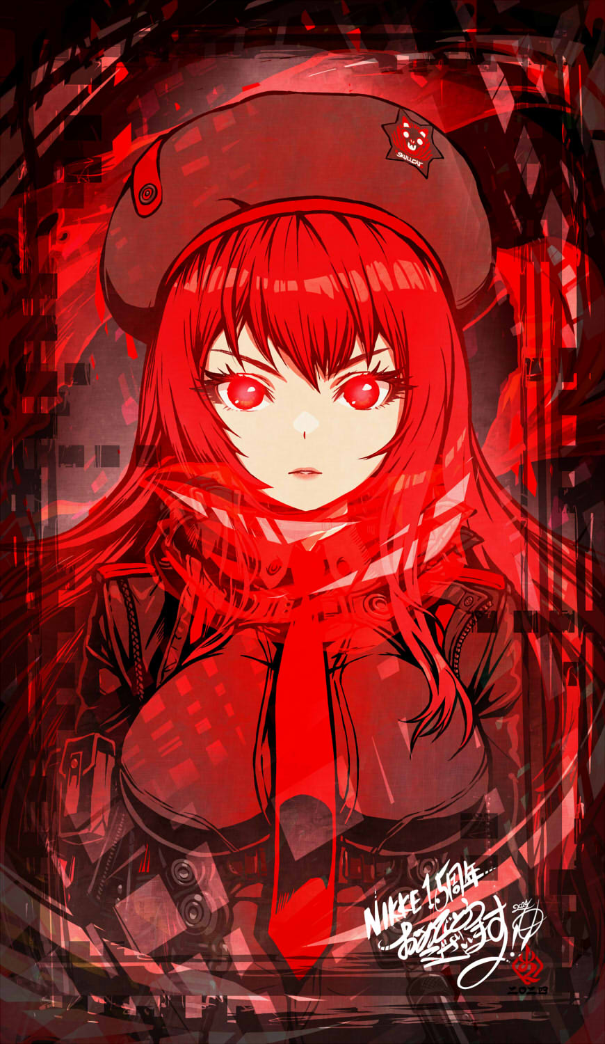 1girl beret black_jacket black_shirt goddess_of_victory:_nikke hat highres jacket kanchiyo looking_at_viewer necktie orange_hair rapi_(nikke) red_necktie red_scarf red_theme scarf shirt solo
