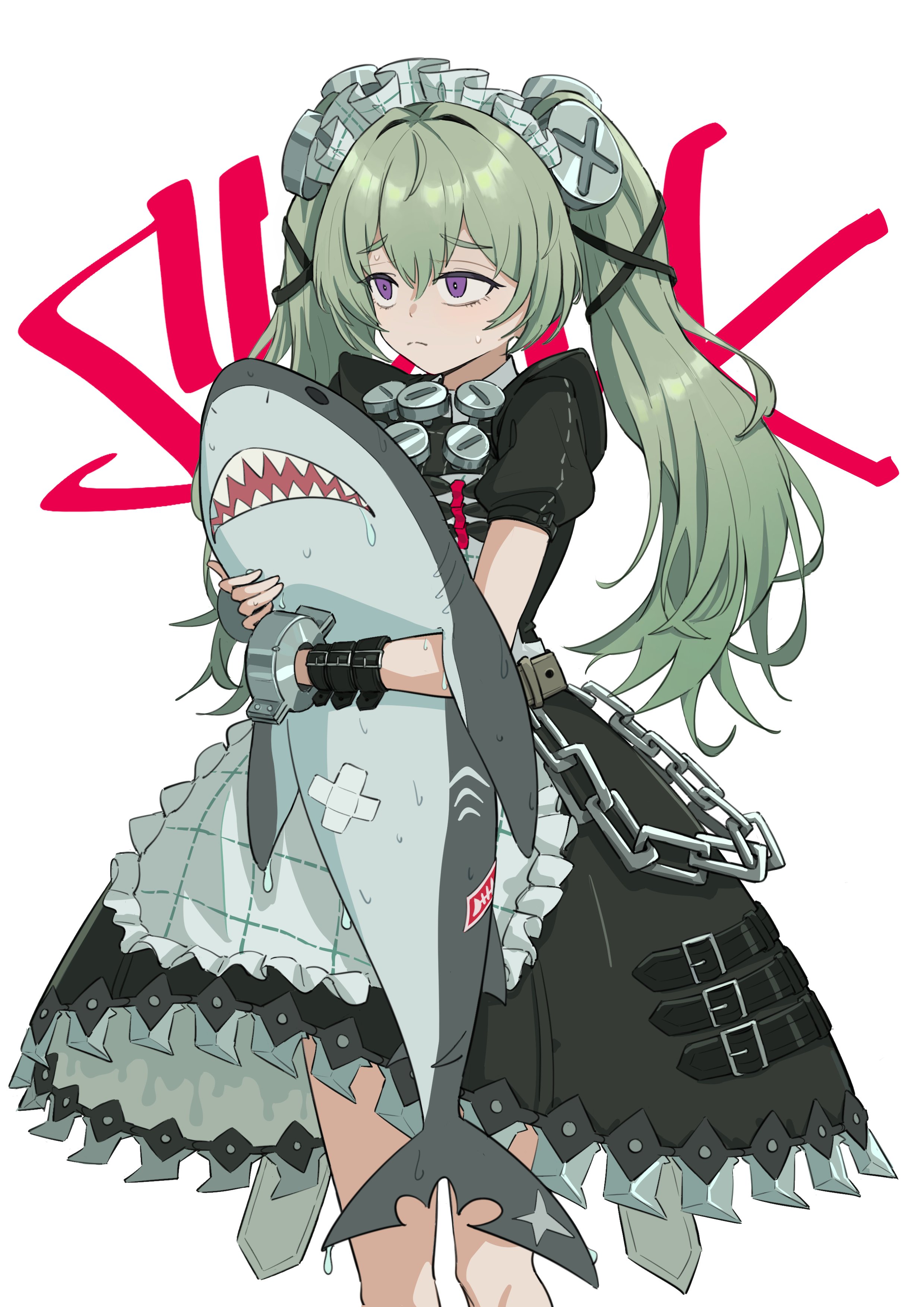 1girl absurdres apron belt black_belt black_dress chain closed_mouth corin_wickes cowboy_shot cuffs dress frills green_hair hair_between_eyes hair_ornament highres holding holding_stuffed_toy long_hair looking_to_the_side maid maid_headdress puffy_short_sleeves puffy_sleeves purple_eyes short_sleeves simple_background solo standing stuffed_animal stuffed_shark stuffed_toy sweatdrop tinkie twintails white_apron white_background wristband x_hair_ornament zenless_zone_zero