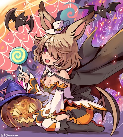althemia animal_ears bat_(animal) boots breasts brown_hair candy cape dragalia_lost food fujimaru_(green_sparrow) garter_straps hair_over_one_eye halloween_costume hat jack-o&#039;-lantern knee_boots lollipop medium_breasts medium_hair mini_hat mini_top_hat official_alternate_costume open_mouth purple_eyes rabbit_ears silk solo spider_web top_hat