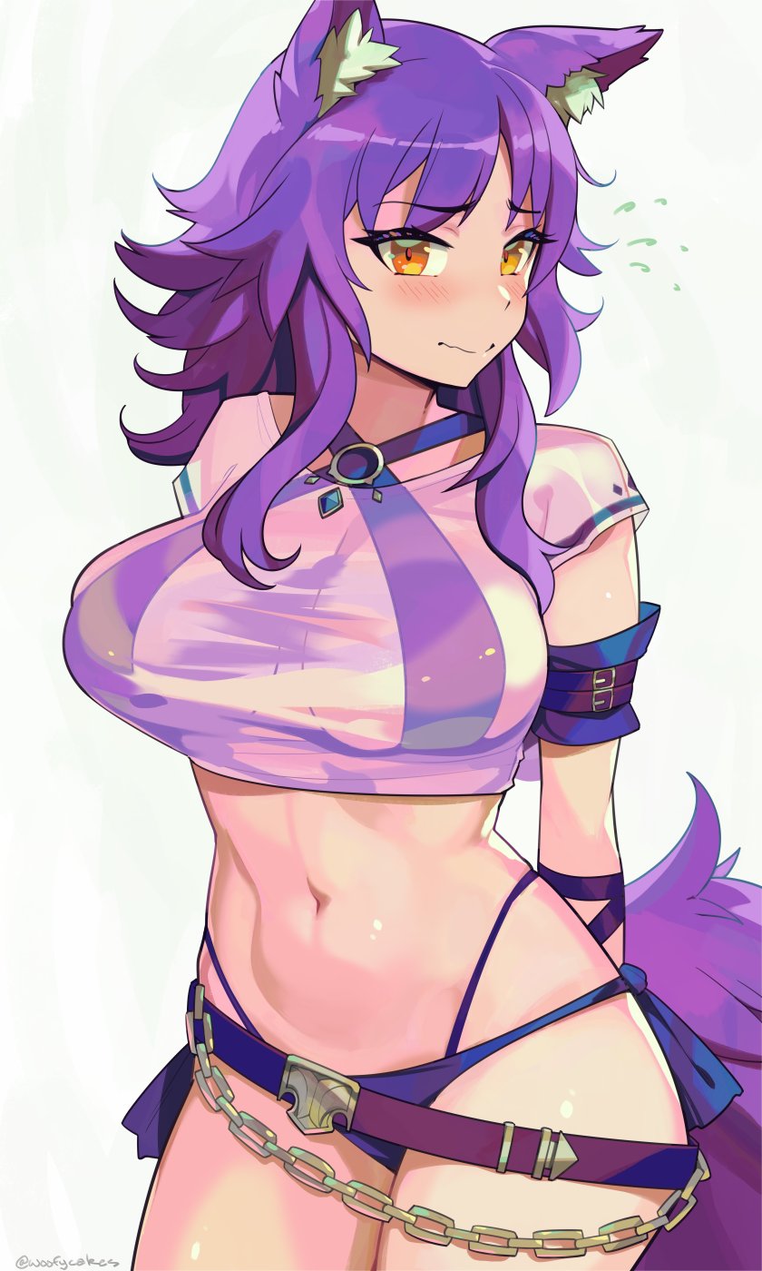 1girl animal_ear_fluff animal_ears bikini bikini_under_clothes blush breasts closed_mouth commentary criss-cross_halter english_commentary halterneck highres large_breasts long_hair looking_at_viewer makoto_(princess_connect!) makoto_(summer)_(princess_connect!) navel o-ring o-ring_bikini official_alternate_costume princess_connect! purple_bikini purple_hair see-through_clothes see-through_shirt shirt sidelocks solo swimsuit tail white_shirt wolf_ears wolf_girl wolf_tail woofycakes yellow_eyes