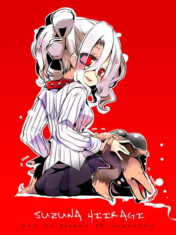 10s 1girl blush breasts character_name collar copyright_name dog dress grey_hair harumi_kazuhito hiiragi_suzuna inu_to_hasami_wa_tsukaiyou long_hair open_mouth pantyhose red_background red_eyes simple_background