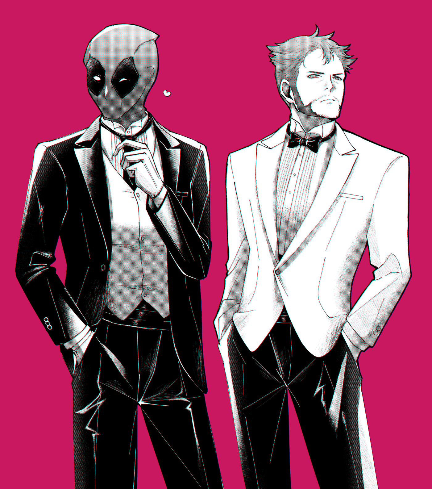 2boys adjusting_clothes adjusting_necktie beard bow bowtie buttons closed_mouth commentary_request deadpool deadpool_&_wolverine deadpool_(series) doghooouse dress_shirt facial_hair formal_clothes gloves hand_in_pocket hands_in_pockets heart highres jacket long_sleeves looking_at_viewer male_focus marvel marvel_cinematic_universe mask monochrome multiple_boys muscular necktie one_eye_closed pants pectorals shirt short_hair standing suit vest wolverine_(x-men) x-men