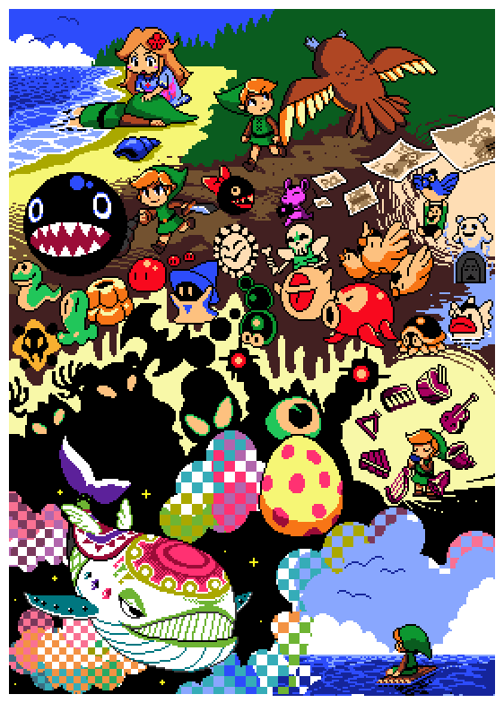 beach bird bow-wow_(the_legend_of_zelda) cello chain_chomp cucco drum flower ghini hair_flower hair_ornament harp hat instrument like_like link long_hair marin_(zelda) mario_(series) moldorm mouse_(animal) nintendo nostalgic_ghost ocarina ocean octorok owl photographer_mouse pixel_art raft red_hair seagull stalfos super_mario_bros._1 the_legend_of_zelda the_legend_of_zelda:_link&#039;s_awakening wind_fish wizzrobe zora
