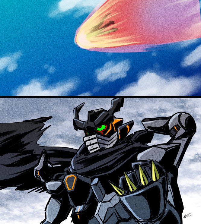 armor atmospheric_reentry black_armor black_getter black_scarf blue_sky burning clenched_hand clothed_robot cloud colored_sclera falling fire fusion getter_robo green_sclera gundam gundam_gquuuuuux hand_up mask mecha mecha_focus mobile_suit mouth_mask overcast parody raised_fist red_eyes robot scarf scene_reference shin_getter_robo sky spiked_knuckles spikes steel_mask upper_body v-fin yonecchi