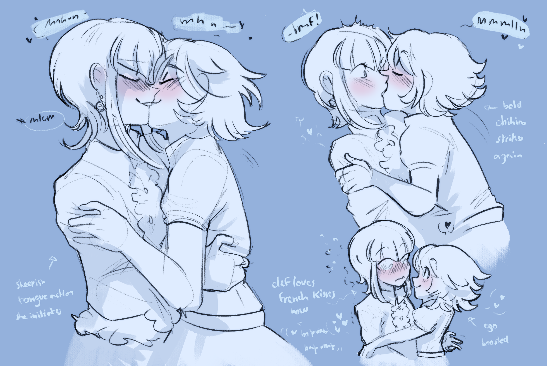 1boy 1girl blue_background blush celestia_ludenberg center_frills danganronpa:_trigger_happy_havoc danganronpa_(series) english_text eye_contact frills fujisaki_chihiro hetero highres hug jacket kiss long_sleeves looking_at_another puffy_short_sleeves puffy_sleeves short_hair short_sleeves smile trap twinklelitchii