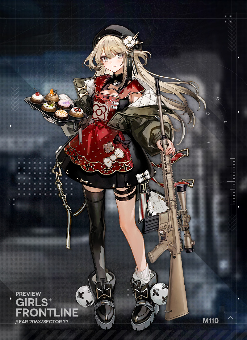 1girl apron beret black_boots black_dress black_hair black_hat black_thighhighs blonde_hair blush boots bow bowtie breasts buckle character_name chocoan cleavage closed_mouth colored_tips commentary copyright_name cupcake dress english_commentary food full_body girls&#039;_frontline gradient_hair green_jacket grey_eyes gun hat holding holding_gun holding_weapon jacket long_hair long_sleeves looking_at_viewer m110_(girls&#039;_frontline) m110_sass medium_breasts multicolored_hair off_shoulder official_art open_clothes open_jacket oven_mitts platform_boots platform_footwear pom_pom_(clothes) promotional_art red_apron rifle scope second-party_source single_sock single_thighhigh sleeveless sleeveless_dress smile snap-fit_buckle sniper_rifle socks solo standing thigh_strap thighhighs unworn_mittens weapon white_socks
