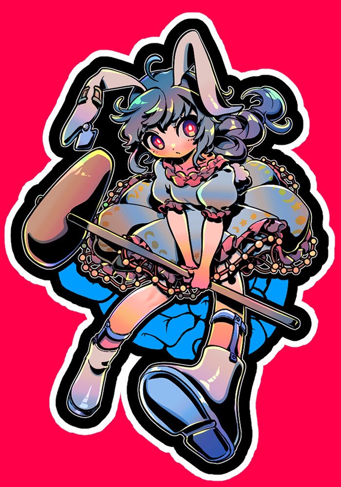 1girl ahoge animal_ears blue_dress boots closed_mouth dress earclip floppy_ears frilled_dress frills full_body holding kine long_hair looking_at_viewer mallet moon_print puffy_short_sleeves puffy_sleeves purple_eyes rabbit_ears rabbit_girl rabbit_tail red_background seiran_(touhou) short_sleeves simple_background solo star_(symbol) star_print tail touhou white_boots yamazaki_tsukune