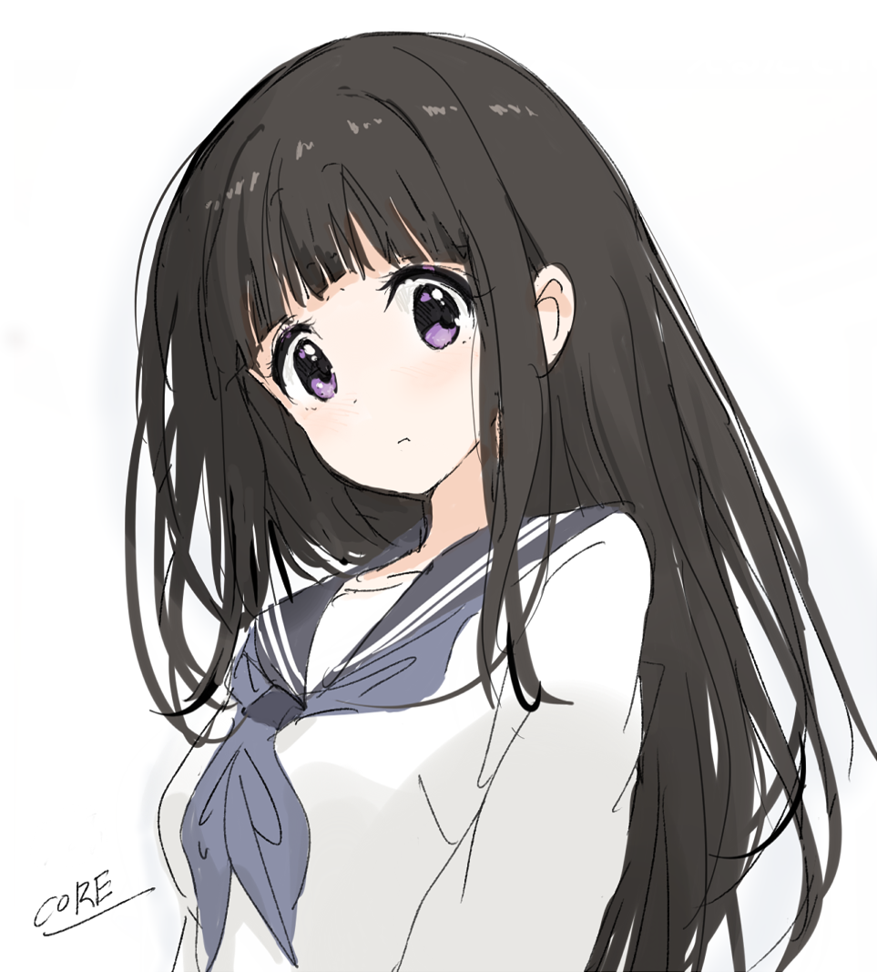1girl artist_name black_hair blue_neckerchief blunt_bangs chitanda_eru closed_mouth commentary_request core_(mayomayo) hyouka light_blush long_hair long_sleeves looking_at_viewer neckerchief purple_eyes school_uniform serafuku shirt simple_background solo white_background white_serafuku white_shirt