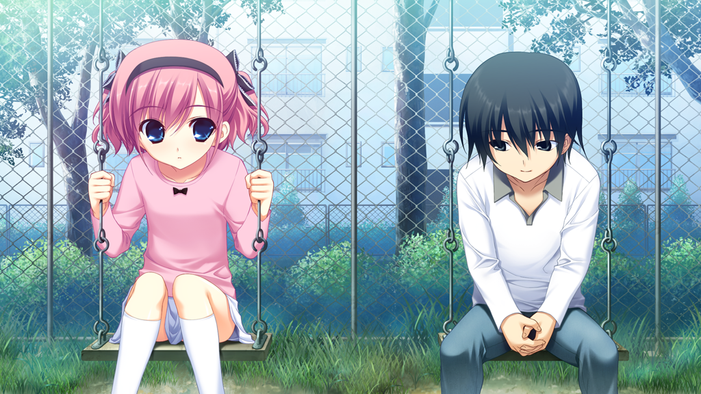 1boy 1girl aged_down black_bow black_hair black_hairband blue_eyes blue_pants bow building chain-link_fence closed_mouth collarbone day denim feet_out_of_frame fence frilled_bow frills fumio_(ura_fmo) game_cg grass grey_eyes grisaia_(series) grisaia_no_kajitsu hair_bow hairband holding jeans kneehighs large_variant_set long_sleeves looking_at_another looking_to_the_side non-web_source on_swing outdoors own_hands_clasped own_hands_together pants parted_lips pink_hair pink_shirt polo_shirt shirt short_hair sitting skirt smile socks swing t-shirt tree two_side_up variant_set white_shirt white_skirt white_socks