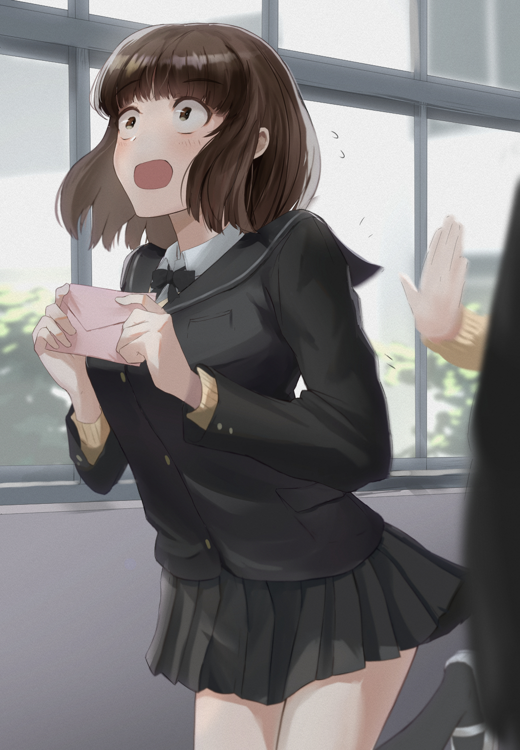 1girl amagami black_bow black_bowtie black_cardigan black_sailor_collar black_skirt blunt_bangs blush bob_cut bow bowtie brown_hair bush cardigan commentary constricted_pupils disembodied_hand dress_shirt envelope flying_sweatdrops foot_up highres holding holding_envelope kibito_high_school_uniform open_mouth pleated_skirt pushing sailor_collar school school_uniform shirt shoes skirt solo_focus surprised tanaka_keiko_(amagami) uwabaki wasabi_master white_shirt window