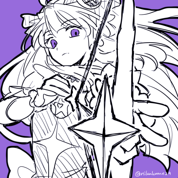 aiming aiming_at_viewer arrow_(projectile) artist_name back_bow blunt_bangs blunt_ends bow bow_(weapon) brooch closed_mouth cowboy_shot crescent crescent_hair_ornament cure_selene drawing_bow dress eyelashes floating_hair frilled_gloves frilled_sleeves frills gloves greyscale hair_bow hair_ornament holding holding_arrow holding_bow_(weapon) holding_weapon jewelry kaguya_madoka light_frown long_hair looking_at_viewer magical_girl monochrome nachuchoco precure puffy_short_sleeves puffy_sleeves purple_background purple_eyes short_sleeves sidelocks simple_background sketch spot_color star_(symbol) star_print star_twinkle_precure very_long_hair weapon