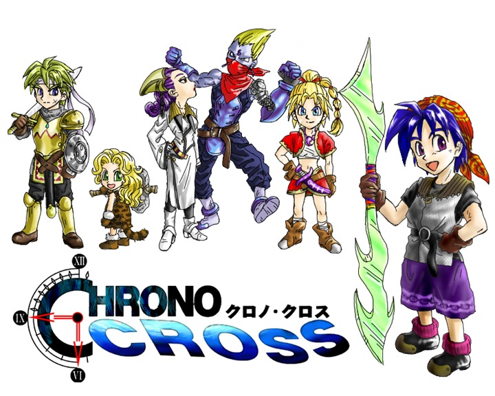 3boys 3girls bandana blonde_hair blue_eyes blue_hair braid chrono_(series) chrono_cross chrono_trigger copyright_name cyborg double_blade glenn green_hair grobyc high_ponytail kid_(chrono_cross) leah luccia_(chrono_cross) multi-tied_hair multiple_boys multiple_girls parody ponytail purple_hair serge_(chrono_cross) simple_background style_parody swallow_sword white_background