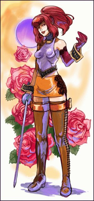 1girl bare_shoulders boots breasts closed_mouth flower full_body gloves jewelry karin_koenig lipstick long_hair looking_at_viewer makeup ponytail red_hair rose shadow_hearts shadow_hearts_ii skirt solo sword thighhighs weapon
