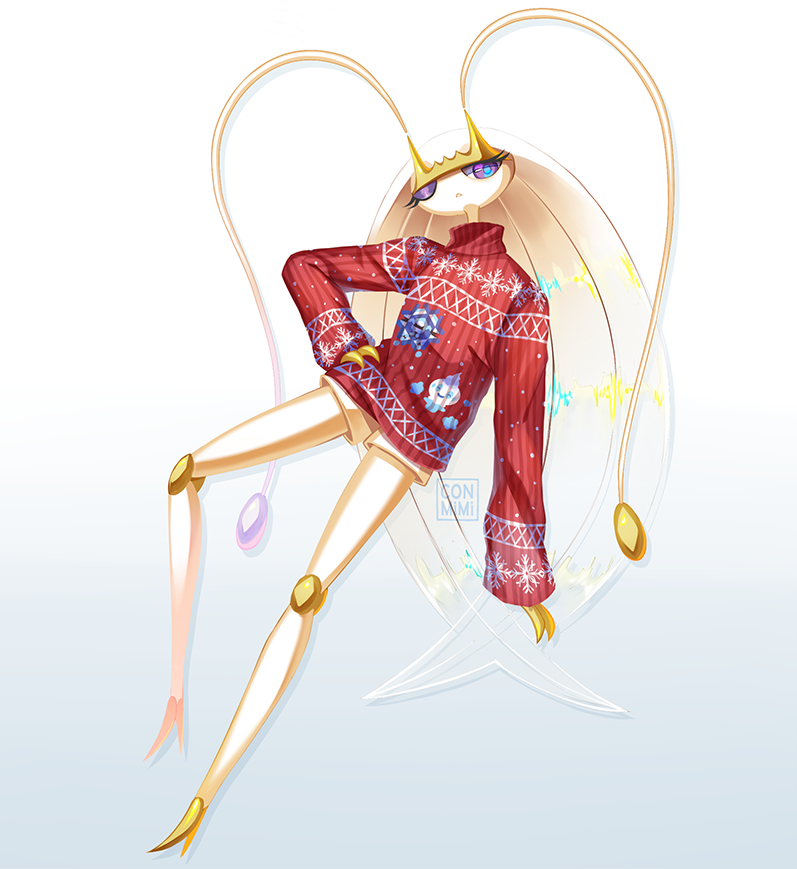 antennae arthropod_girl clothed_pokemon commentary conmimi creature cryogonal english_commentary eyelashes full_body gen_5_pokemon gen_7_pokemon hand_on_own_hip nintendo one_eye_closed pheromosa pokemon pokemon_(creature) purple_eyes shorts signature simple_background solo sweater ultra_beast vanillite white_background
