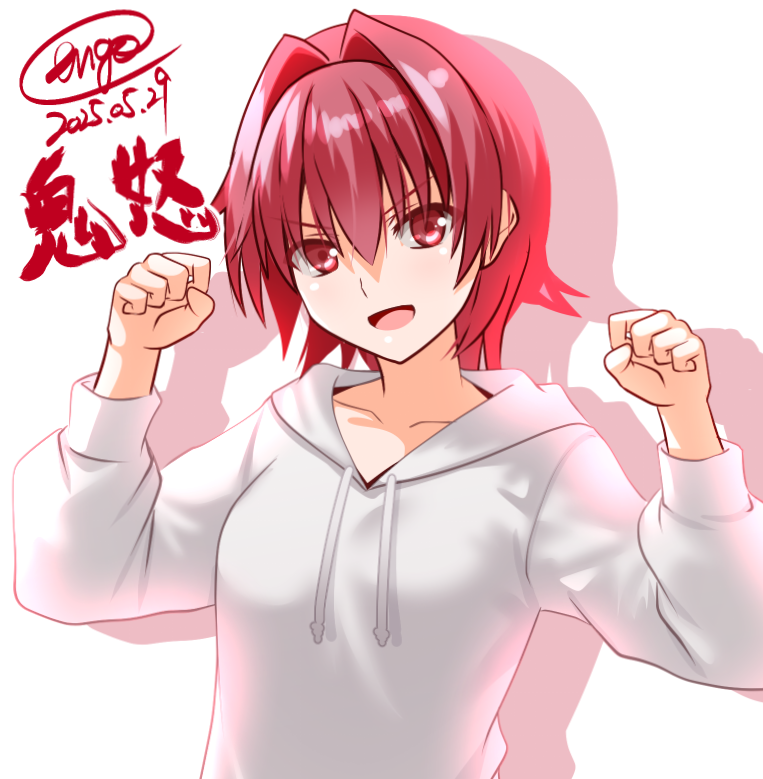 1girl alternate_costume artist_name character_name dated drawstring engo_(aquawatery) hair_intakes hood hooded_sweater kantai_collection kinu_(kancolle) one-hour_drawing_challenge open_mouth red_eyes red_hair shadow short_hair smile solo sweater w_arms