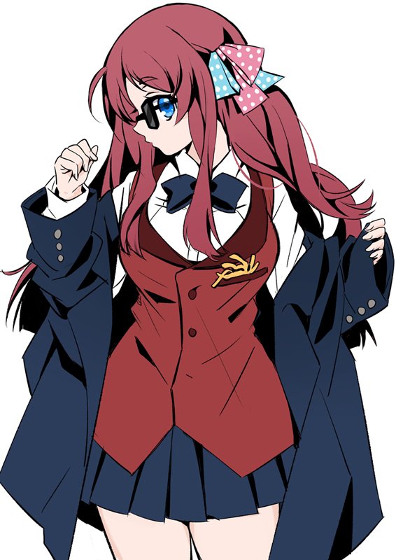 1girl ahoge black_bow black_bowtie black_jacket black_skirt blue_eyes bow bowtie breasts cosplay cowboy_shot female_focus food_in_pocket hair_bow jacket large_breasts long_hair looking_at_viewer minamoto_sakura pleated_skirt polka_dot polka_dot_bow red_hair red_vest rhubarb shirt simple_background skirt solo squid sunglasses tatsumi_koutarou tatsumi_koutarou_(cosplay) vest white_background white_shirt zombie_land_saga