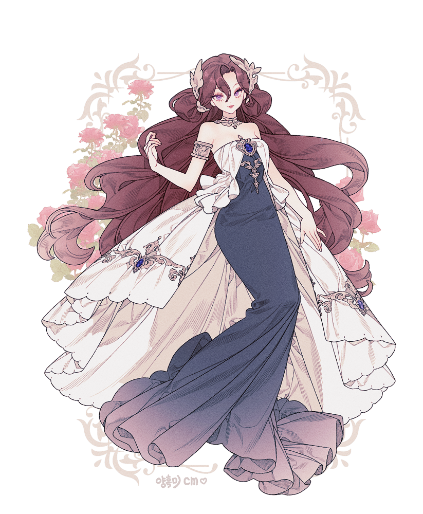 1girl arm_cuffs bare_shoulders black_dress blue_brooch brown_hair commentary commission detached_collar dress embroidery evening_gown fashion floral_background flower frilled_dress frills full_body gem gold_collar gradient_clothes gradient_dress hair_between_eyes hair_ornament lemon89h long_eyelashes long_hair looking_at_viewer makeup original parted_bangs pink_lips purple_eyes purple_gemstone red_flower red_rose rococo_movement rose solo standing very_long_hair wavy_hair