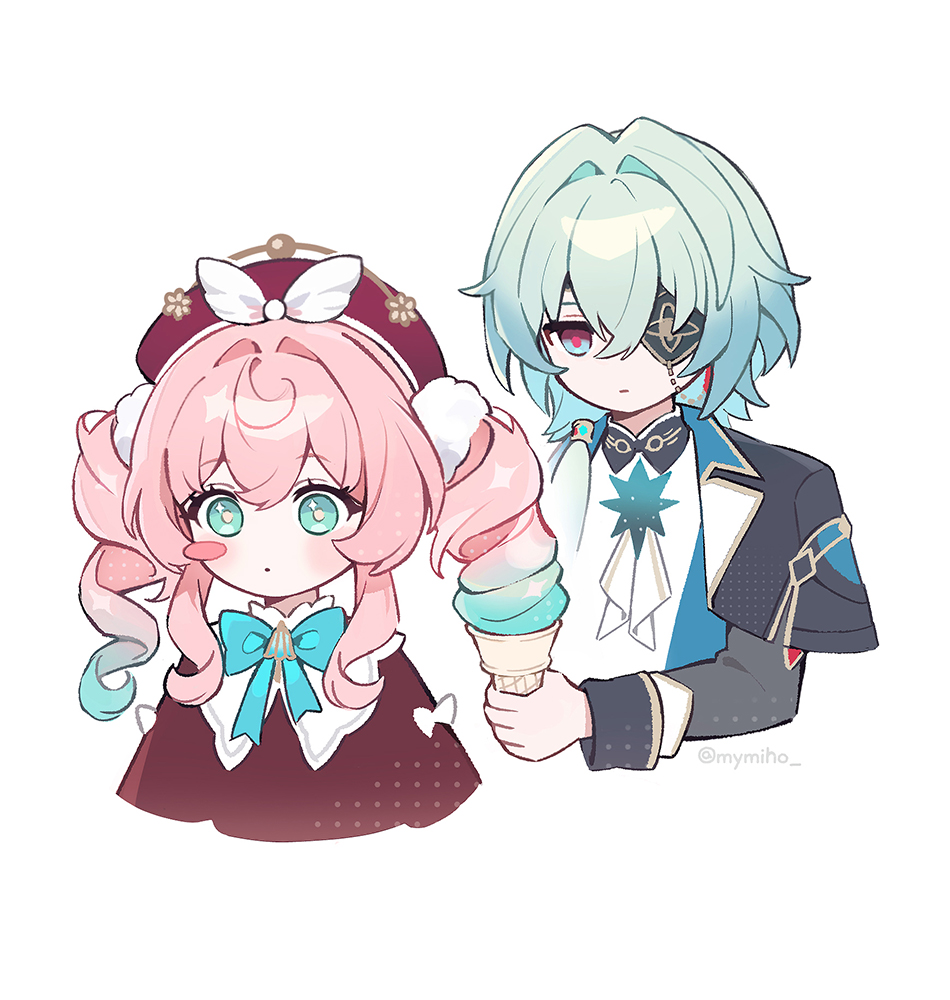1boy 1girl anaxa_(honkai:_star_rail) aqua_bow aqua_bowtie aqua_eyes aqua_hair beret black_vest blush blush_stickers bow bowtie commentary cropped_torso dress eyepatch green_hair hat holding holding_ice_cream_cone honkai:_star_rail honkai_(series) hyacine_(honkai:_star_rail) ice_cream_cone medium_hair miho_(mymiho) multicolored_hair pink_hair red_dress short_hair simple_background symbol-only_commentary twintails twitter_username two-tone_hair vest white_background
