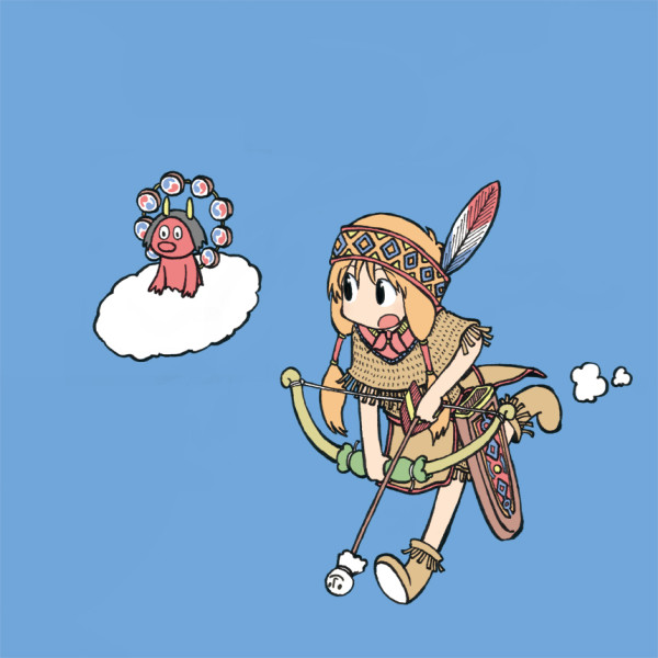 1boy 1girl arawi_keiichi arrow_(projectile) black_eyes blonde_hair blue_background bow_(weapon) child cloud dress feathers flying hair_ornament headband headdress horns moccasins native_american native_american_clothes native_american_dress nichijou oni open_mouth professor_shinonome raijin_(mythology) red_oni running shoes simple_background sky teruterubouzu traditional_clothes weapon