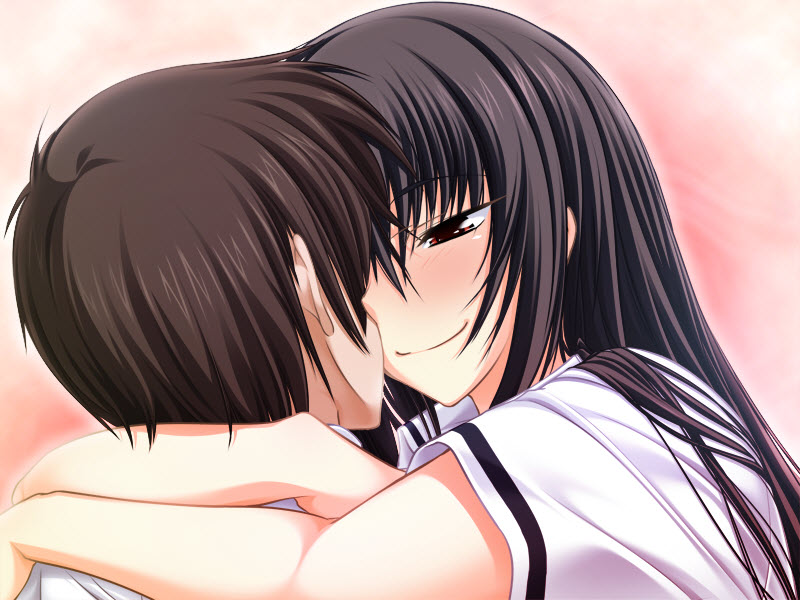 1boy 1girl black_hair blush brown_hair game_cg hetero hug kawagishi_keitarou kawakami_momoyo long_hair maji_de_watashi_ni_koi_shinasai! naoe_yamato red_eyes school_uniform short_hair wagi