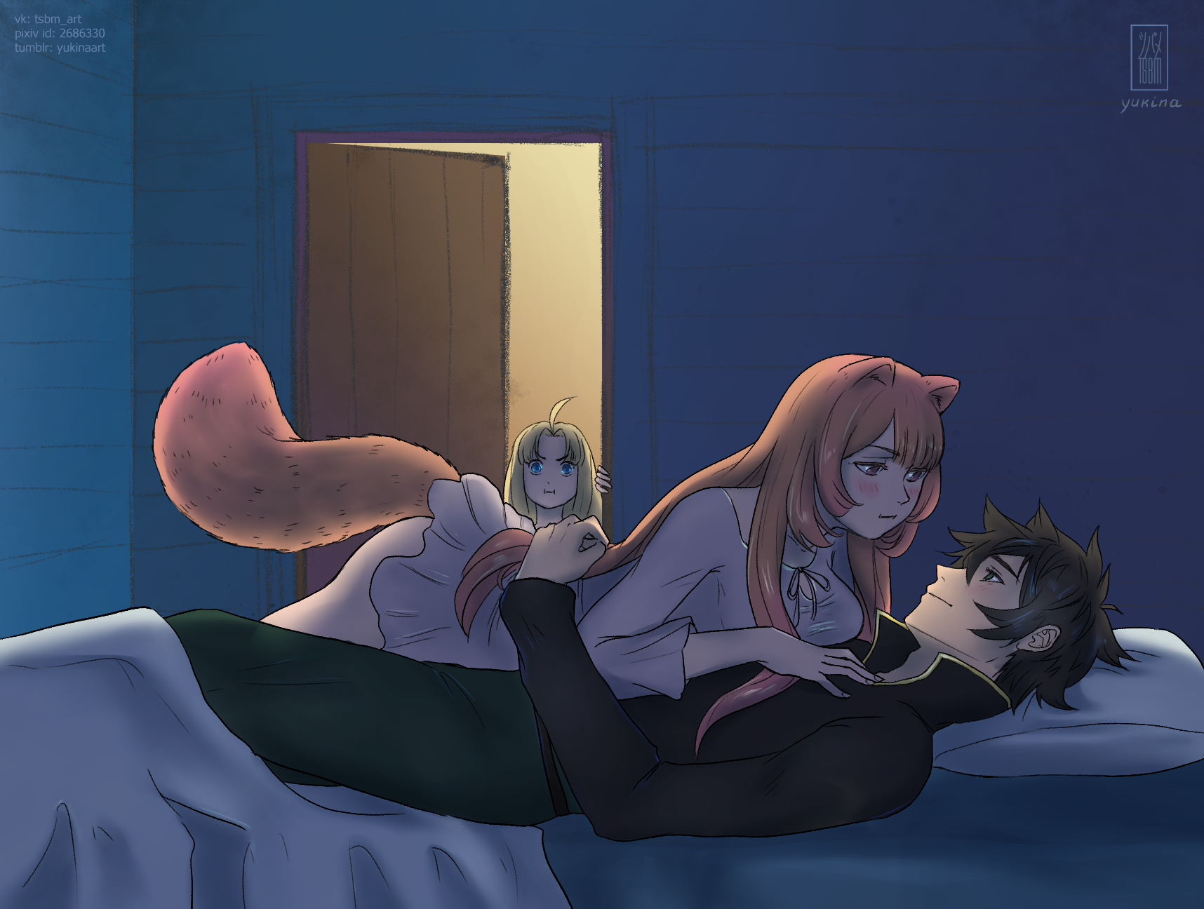 1boy 2girls ahoge animal_ears arm_shield artist_name ass black_hair black_shirt blanket blonde_hair blue_eyes blush breasts closed_mouth collarbone commentary_request couple filo_(tate_no_yuusha_no_nariagari) green_eyes green_pants grey_nightgown hand_on_another's_back hand_on_another's_chest head_only hetero high_collar highres indoors iwatani_naofumi jealous long_hair long_sleeves lying lying_on_another medium_breasts messy_hair multiple_girls night on_back on_bed on_stomach orange_hair pants pillow pink_eyes pixiv_id pout raccoon_ears raccoon_girl raccoon_tail raphtalia shirt short_hair sitting smile tail tate_no_yuusha_no_nariagari tumblr_username vk_username yuria-chu