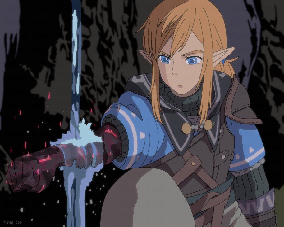 1boy ao_haruki armor blonde_hair blue_eyes blue_tunic derivative_work link long_hair low_ponytail male_focus mononoke_hime nintendo outdoors ponytail shoulder_armor sidelocks the_legend_of_zelda the_legend_of_zelda:_breath_of_the_wild the_legend_of_zelda:_tears_of_the_kingdom tunic upper_body water