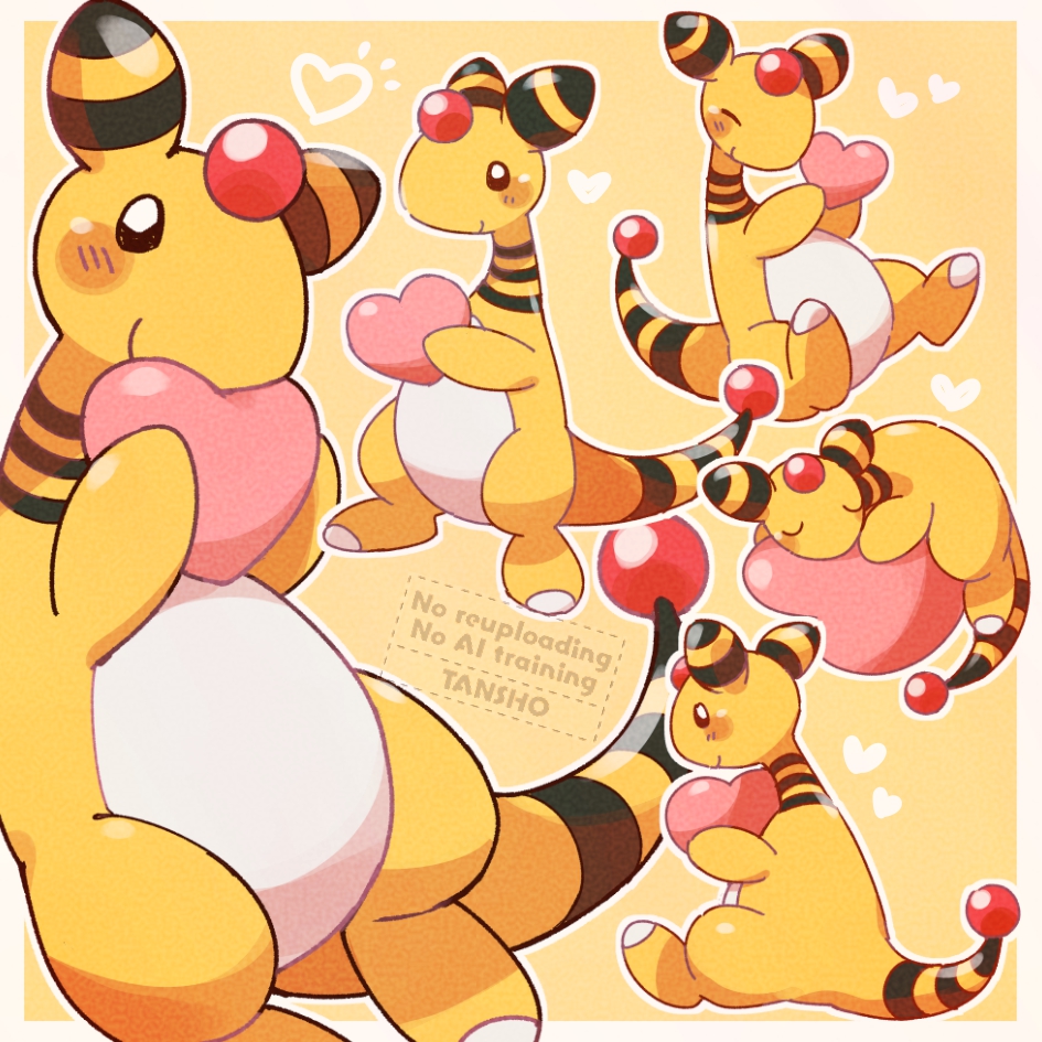 ampharos artist_name blush blush_stickers border closed_eyes closed_mouth commentary_request gen_2_pokemon heart holding holding_heart multiple_views nintendo no_humans outline pokemon pokemon_(creature) pokemon_focus sitting sleeping smile tansho white_border white_outline yellow_background