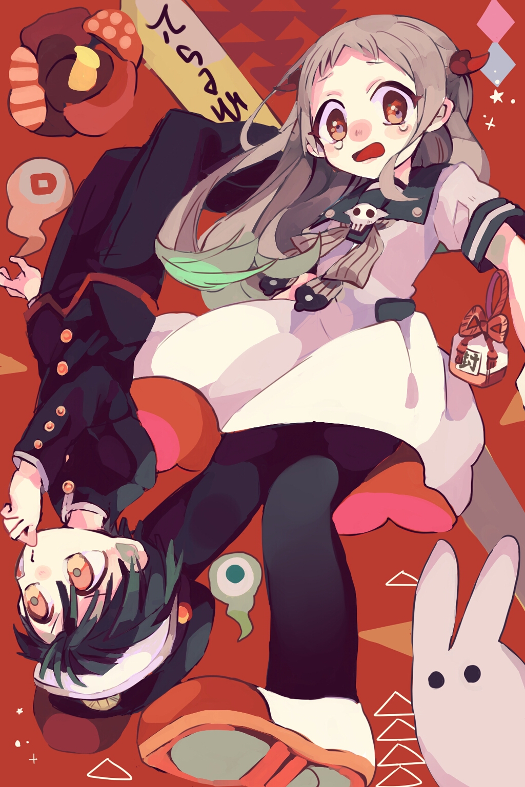 1boy 1girl black_hat black_pants brown_eyes dress gakuran grey_hair hanako_(jibaku_shounen_hanako-kun) hat highres hitodama jibaku_shounen_hanako-kun long_hair nagatsukiariake open_mouth orange_eyes pants red_background school_uniform skull_ornament tears upside-down white_dress yashiro_nene