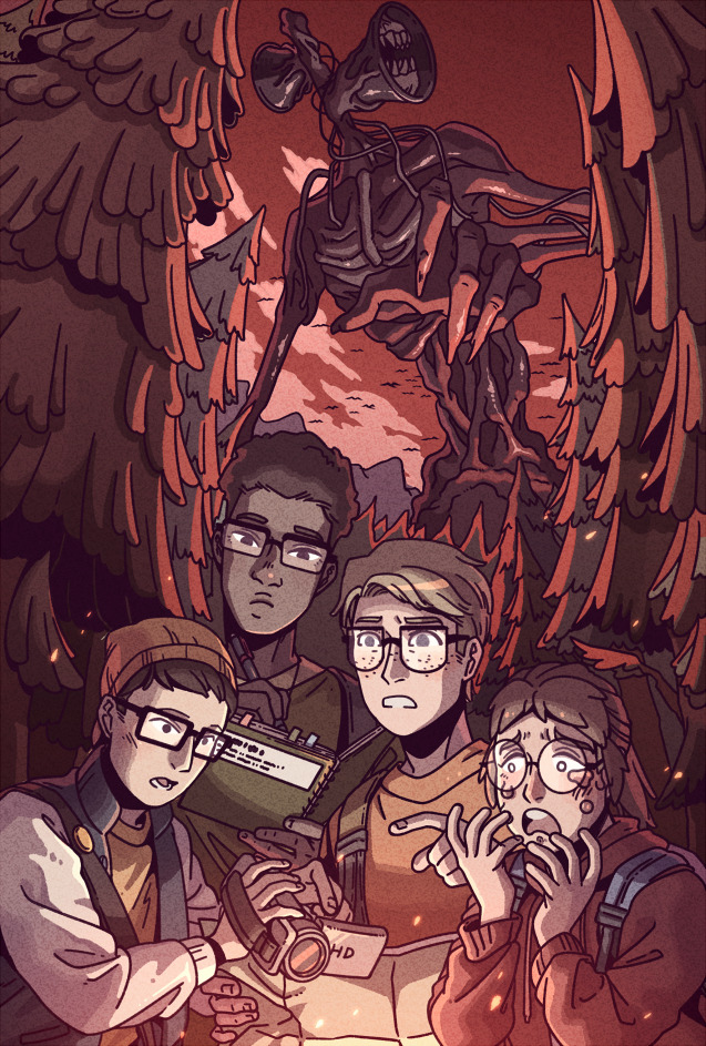 1girl 3boys beanie blonde_hair blush brown_hair camera cloud creature crying crying_with_eyes_open dark-skinned_male dark_skin fingernails forest freckles glasses hat holding holding_camera holding_map hood hoodie jacket letterman_jacket map monster mountain multiple_boys nature notebook open_mouth original outdoors parted_lips pen pointing red_sky round_eyewear sharp_fingernails sharp_teeth shirt short_hair siren_head sky standing tears teeth tree wenny02 writing