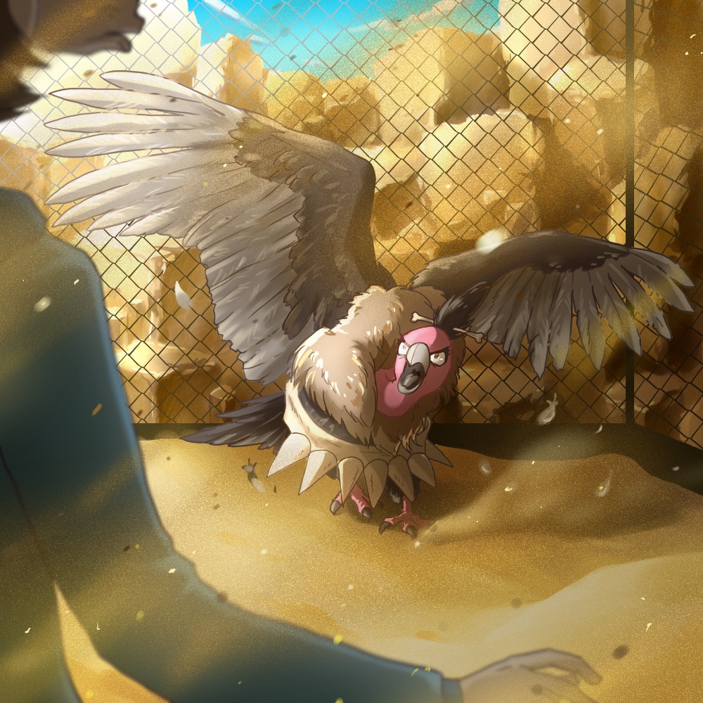 1boy angry bird blue_sky bone chain-link_fence cloud commentary english_commentary eyelashes feathers fence gen_5_pokemon hilbert_(pokemon) long_sleeves mandibuzz nintendo open_mouth pokemon pokemon_(creature) pokemon_bw red_eyes ringo-mikan sand sky solo_focus spread_wings vulture