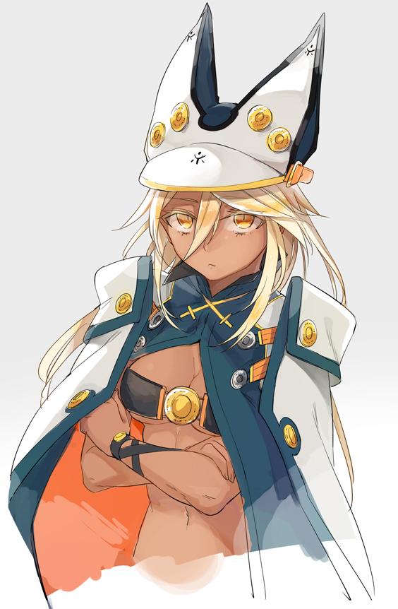 1girl belt belt_bra blonde_hair breasts cape cleavage colored_eyelashes crossed_arms dark-skinned_female dark_skin female_focus guilty_gear guilty_gear_xrd hat long_hair midriff navel niimaru platinum_blonde_hair ramlethal_valentine silver_background simple_background solo underboob wristband yellow_eyes