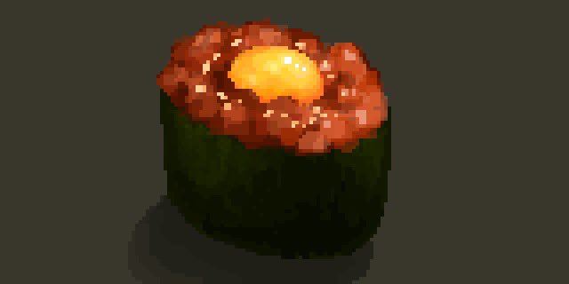 egg_yolk fish_(food) food food_focus green_background hisachan55cute ikura_(food) nori_(seaweed) original pixel_art shadow simple_background still_life sushi