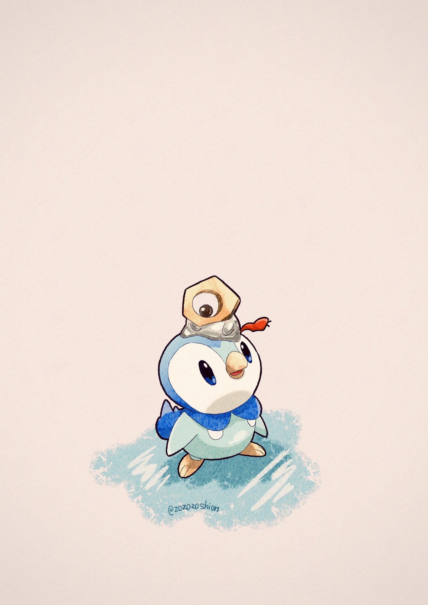 animal_focus artist_name bird blue_eyes commentary_request from_above gen_4_pokemon gen_7_pokemon highres meltan mythical_pokemon nintendo no_humans on_ice one-eyed penguin piplup pokemon pokemon_(creature) simple_background twitter_username white_background zozozoshion