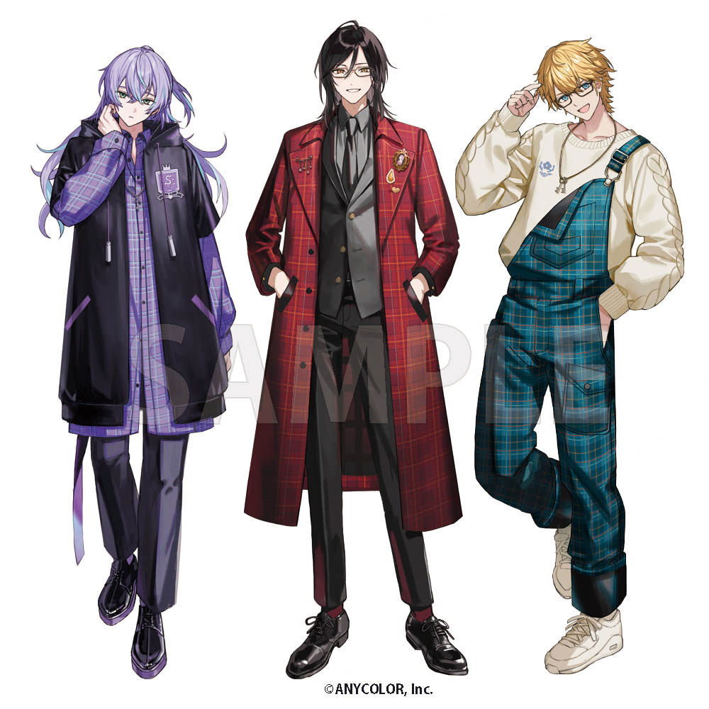 3boys ahoge aqua_hair black_hair black_jacket black_pants black_shoes blonde_hair blue_eyes blue_overalls checkered_clothes checkered_coat checkered_shirt coat collarbone collared_shirt commentary_request copyright_notice crossed_bangs dot_nose ex_albio full_body glasses green_eyes grey_necktie grey_pants grey_shirt grey_vest hair_between_eyes hand_in_own_hair hand_in_pocket hand_on_own_neck hands_in_pockets hood hooded_jacket hoshirube_sho jacket jewelry key long_hair long_shirt looking_at_viewer male_focus medium_hair multicolored_hair multiple_boys nana_tetra necklace necktie nijisanji open_clothes open_coat open_jacket open_mouth orange_eyes overalls pants parted_lips purple_hair purple_shirt red_coat red_socks sample_watermark shellin_burgundy shirt shoes short_hair simple_background smile sneakers socks standing streaked_hair sweater teeth two-tone_hair vest virtual_youtuber watermark white_background white_shoes white_sweater