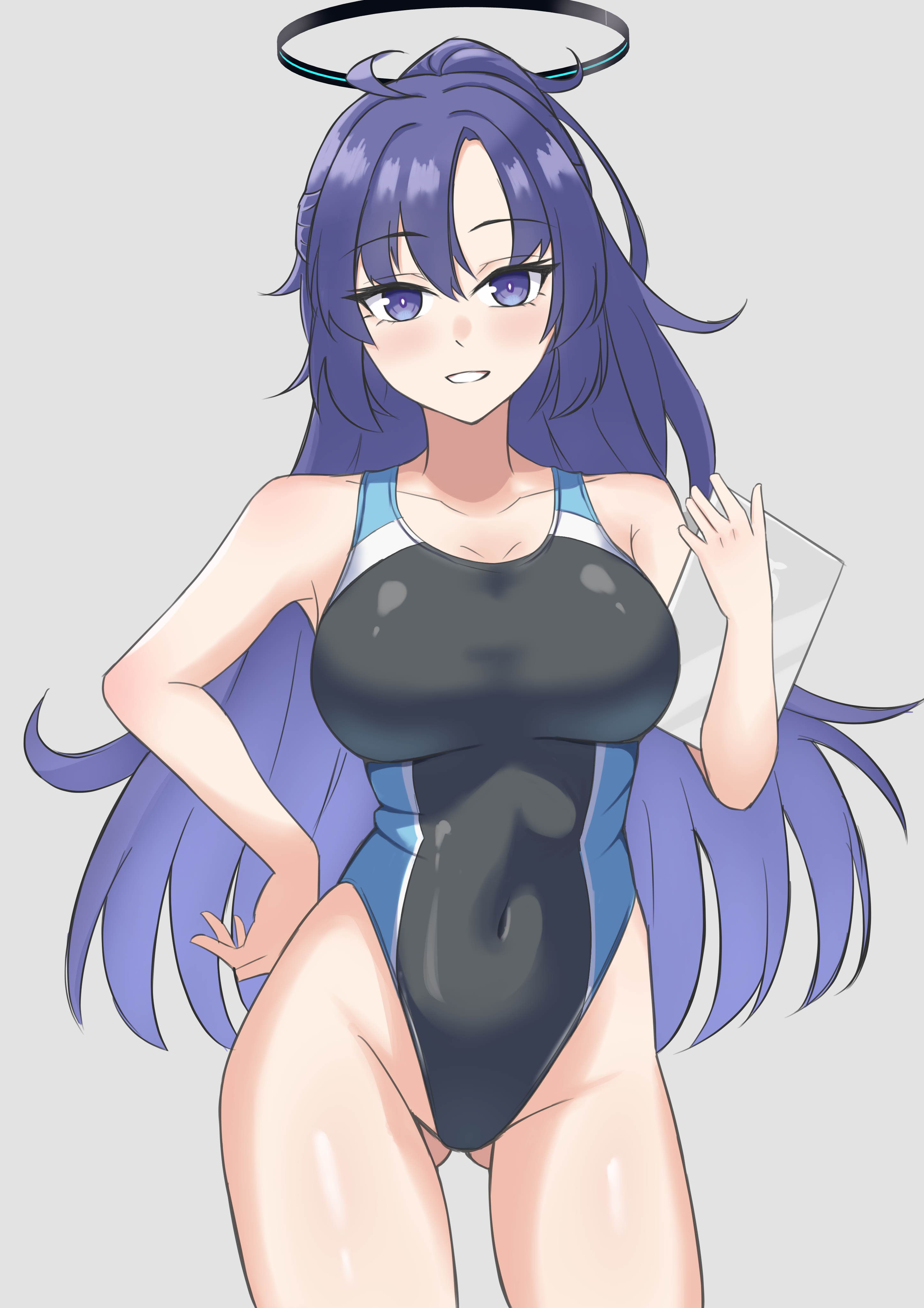 1girl absurdres alternate_costume black_halo black_one-piece_swimsuit blue_archive breasts competition_swimsuit grey_background halo highleg_one-piece_one-piece_swimsuit highres large_breasts long_hair looking_at_viewer mechanical_halo minaduki0707 one-piece_swimsuit parted_bangs ponytail purple_eyes purple_hair simple_background smile solo swimsuit two-tone_one-piece_swimsuit yuuka_(blue_archive)