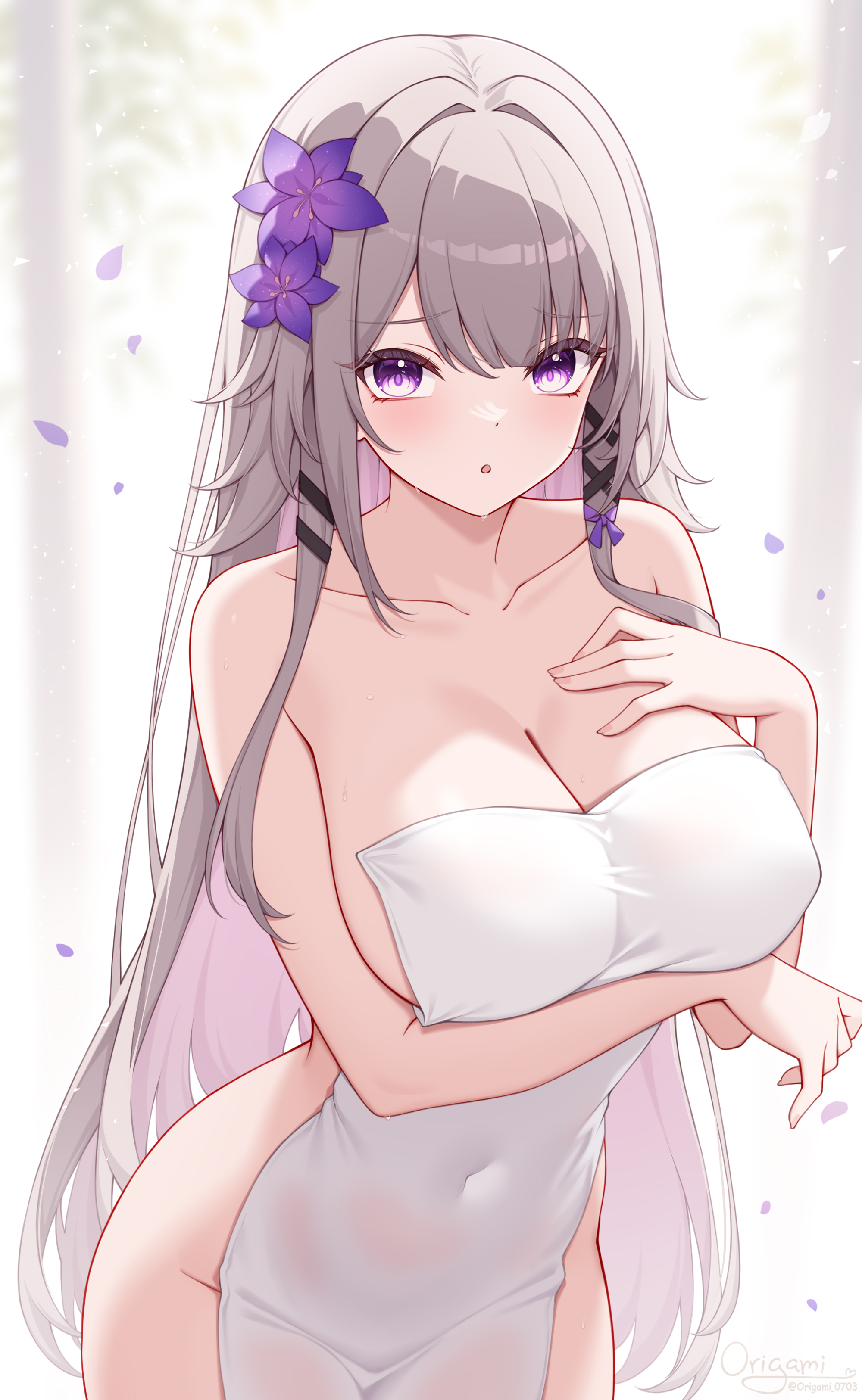 1girl absurdres alternate_breast_size arm_under_breasts blush breasts brown_hair collarbone colored_inner_hair commentary covered_navel covering_privates cowboy_shot flower hair_flower hair_ornament hair_ribbon hand_on_own_chest herta_(honkai:_star_rail) highres honkai:_star_rail honkai_(series) large_breasts long_hair looking_at_viewer multicolored_hair nude_cover origami_(poinia) paid_reward_available parted_lips purple_eyes purple_flower purple_hair purple_petals purple_ribbon ribbon signature solo the_herta_(honkai:_star_rail) very_long_hair wet