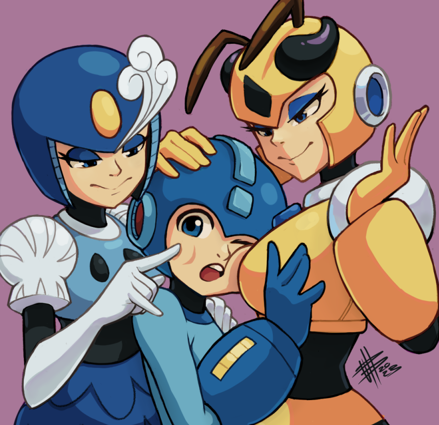 2girls armor blue_eyes breasts cheek_poking height_difference honey_woman hug large_breasts mateus_upd medium_breasts mega_man_(character) mega_man_(classic) mega_man_(series) mega_man_9 multiple_girls naughty_face open_mouth poking prototype_design robot splash_woman
