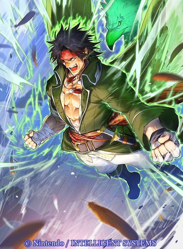 1boy azusa_(hws) belt black_hair clenched_hand commentary_request company_name copyright_notice feather_necklace feathered_wings feathers fire_emblem fire_emblem:_path_of_radiance fire_emblem_cipher jewelry male_focus muscular muscular_male necklace nintendo official_art open_mouth pectoral_cleavage pectorals pointy_ears scar scar_on_face solo tibarn_(fire_emblem) wings