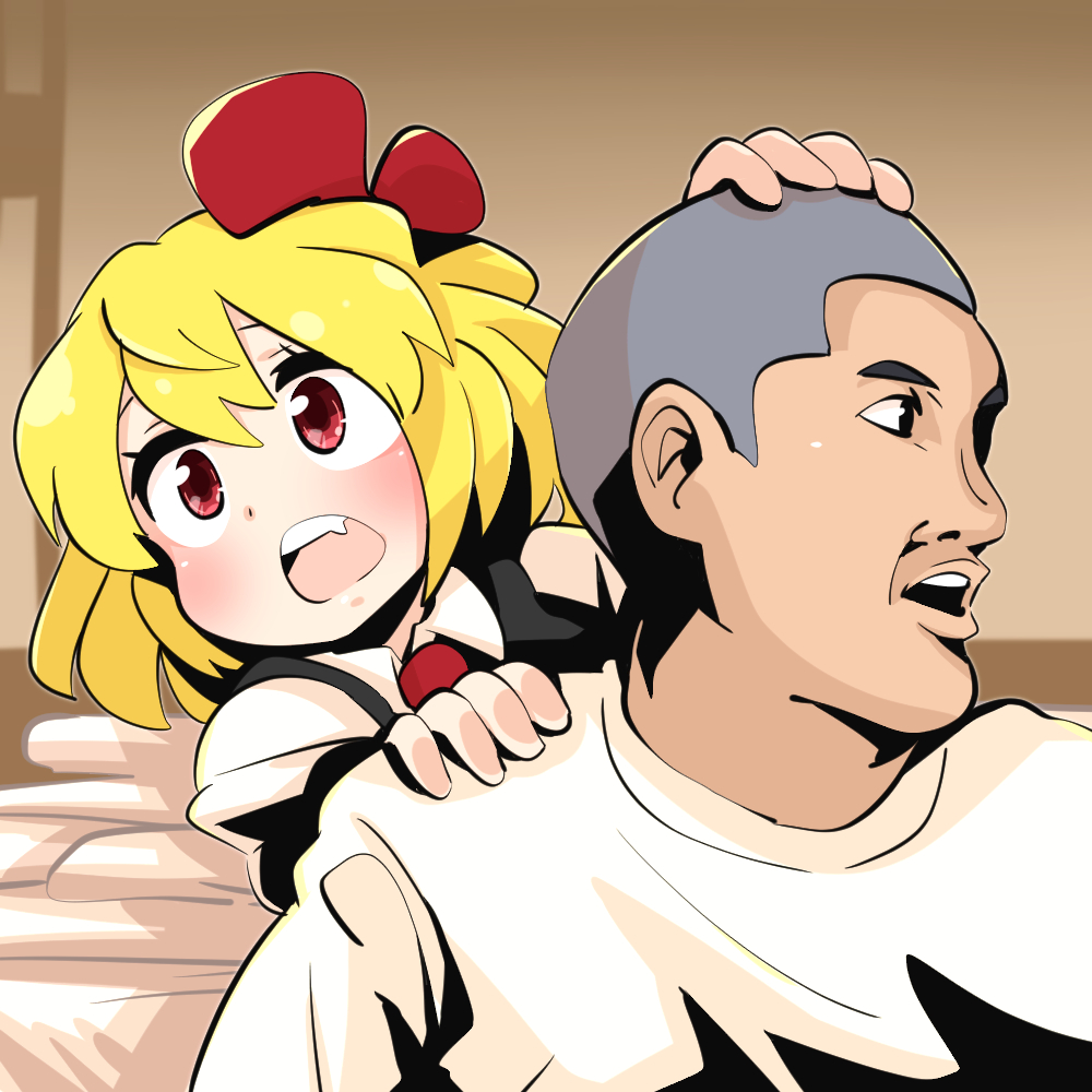 1boy 1girl blonde_hair blush bow buzz_cut cookie_(touhou) gram_9 hair_bow hand_on_another&#039;s_head hand_on_another&#039;s_shoulder looking_down manatsu_no_yo_no_inmu miura_daisenpai nadeko_(cookie) open_mouth red_bow red_eyes rumia shirt short_hair t-shirt teeth touhou upper_body upper_teeth_only very_short_hair white_shirt