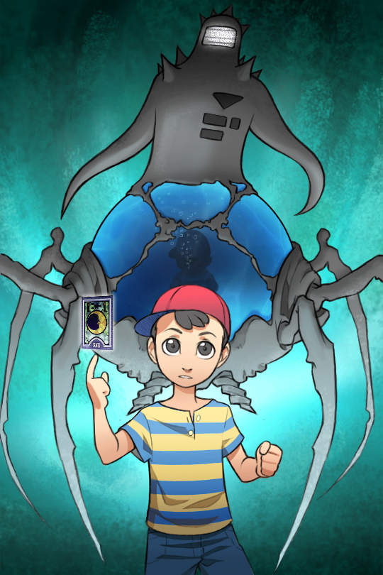 1boy baseball_cap black_hair blue_background card clenched_hand guilhermerm hat index_finger_raised male_focus mother_(series) mother_2 ness_(mother_2) nintendo parted_lips persona red_hat shirt sideways_hat simple_background solo starman_(mother) striped_clothes striped_shirt tarot tarot_card the_moon_(tarot)