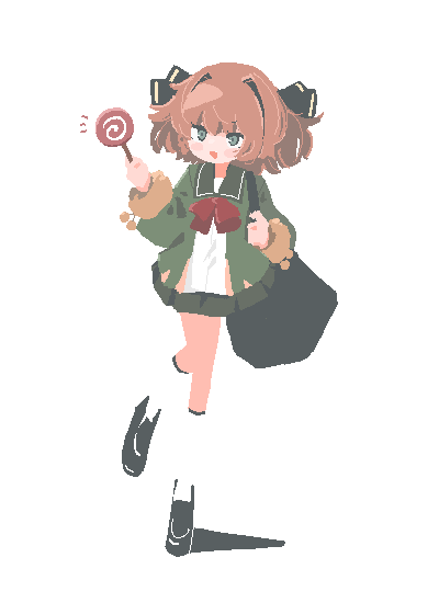 1girl bag bb_15hz black_ribbon black_shoes blush brown_hair candy food full_body green_sailor_collar green_skirt hachijou_(kancolle) hair_ribbon holding holding_candy holding_food jacket kantai_collection kneehighs lollipop long_sleeves miniskirt open_mouth pleated_skirt pom_pom_(clothes) ribbon sailor_collar shoes simple_background skirt socks solo white_background white_socks