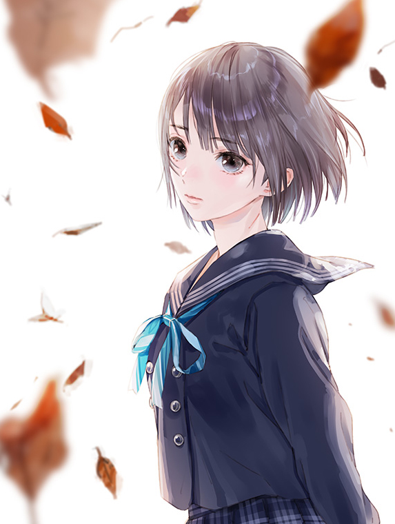 1girl autumn_leaves black_hair black_shirt blue_eyes blue_reflection_(series) blue_reflection_maboroshi_ni_mau_shoujo_no_ken blue_ribbon blurry blurry_foreground closed_mouth commentary_request expressionless from_side hoshinomiya_girls&#039;_high_school_uniform kishida_mel leaf long_sleeves looking_at_viewer neck_ribbon official_art ribbon school_uniform second-party_source serafuku shirai_hinako shirt short_hair solo upper_body white_background