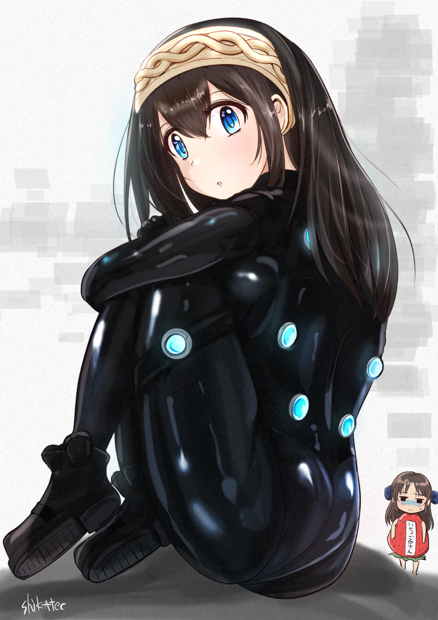 2girls ankle_boots ass black_bodysuit black_footwear black_hair blue_eyes bodysuit boots commentary_request food fruit gantz gantz_suit headband highres idolmaster idolmaster_cinderella_girls long_hair looking_at_viewer multiple_girls parted_lips sagisawa_fumika shikamax2 sitting strawberry strawberry_costume tachibana_arisu white_headband