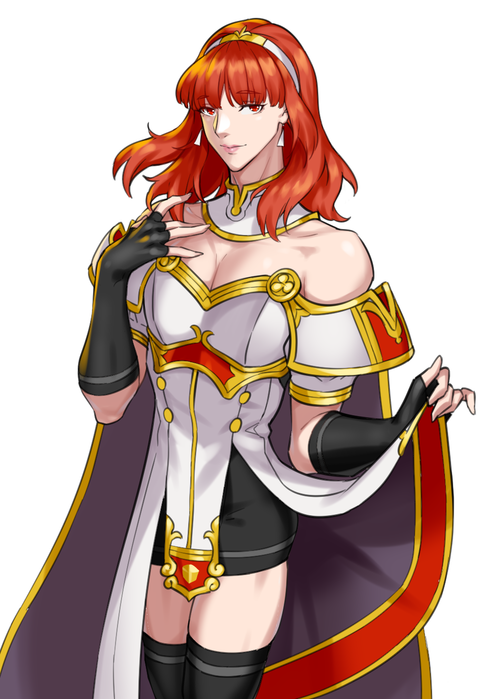 1boy arm_guards armor bare_shoulders black_gloves breastplate breasts celica_(fire_emblem) cropped_legs crossdressing crossdressing_(mtf) detached_collar dress earrings fingerless_gloves fire_emblem fire_emblem_echoes:_shadows_of_valentia genderswap genderswap_(ftm) gloves highres jewelry medium_breasts medium_hair nintendo p.maker red_eyes simple_background smile solo standing thighs tiara toned toned_male white_armor